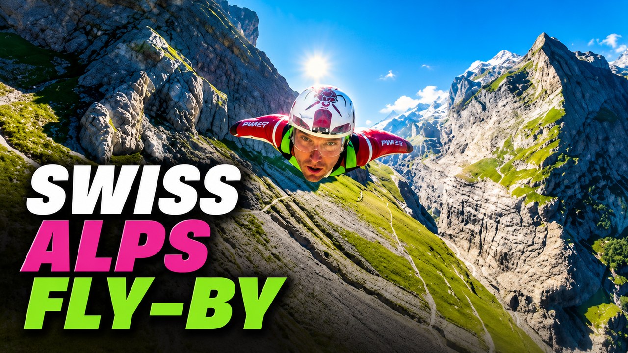 Jamie Leibert wingsuit fly-by over the Swiss Alps -- Battling Monsters